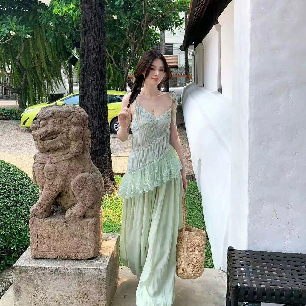 [จํากัดเวลา เซคคิล] สไตล์เกาหลีฤดูใบไม้ผลิฤดูร้อนสไตล์ใหม่เย็บลูกไม้ชีฟองด้านบนผู้หญิงเอวสูง ผอมลง ดูชุดกีฬาผู้หญิงชุดสองชิ้น