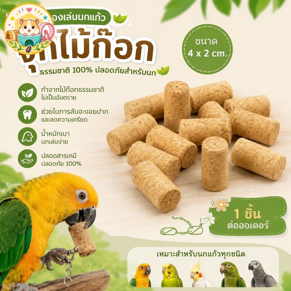 Hamster.lover จุกไม้ก๊อกธรรมชาติ ของเล่นนก ปลอดภัย 100% ลับจงอยปากนกแก้ว ขนาด 4x2 ซม. (ราคา/1ชิ้น)