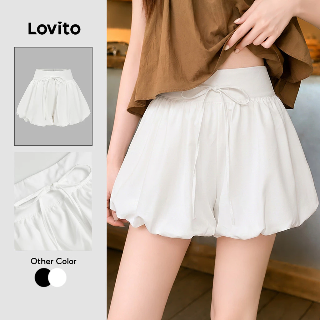 Lovito กางเกงขาสั้นแคชชวลทรงบอลลูน ปลายขากว้าง ผูกโบว์เรียบๆ สำหรับผู้หญิง เกาหลี อินเทรนด์ L88AD101