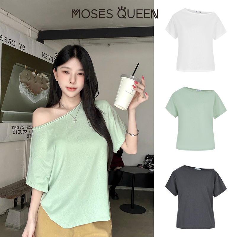 MOSESQUEEN เสื้อยืดแขนสั้นไหล่เอียงความปรารถนาบริสุทธิ์น้ําหนักเบาสไตล์วางด้านหลังลําลองและหลวมเสื้อแขนกุด #64025