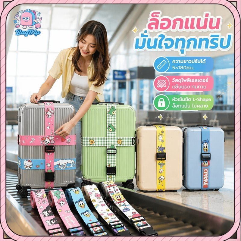 สายรัดกระเป๋าเดินทาง ลายการ์ตูน โพลีเอสเตอร์ ปรับความยาวได้ หัวล็อค ABS รัดแน่น กันกระแทก