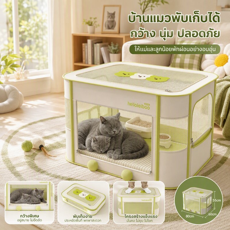 คอกคลอดแมว พับได้พกพาได้ พื้นที่ใหญ่พิเศษ หนาทนข่วน โครงไฟเบอร์หนา รองรับมั่นคง ผ้าอ๊อกซฟอร์ด กันน้ำ