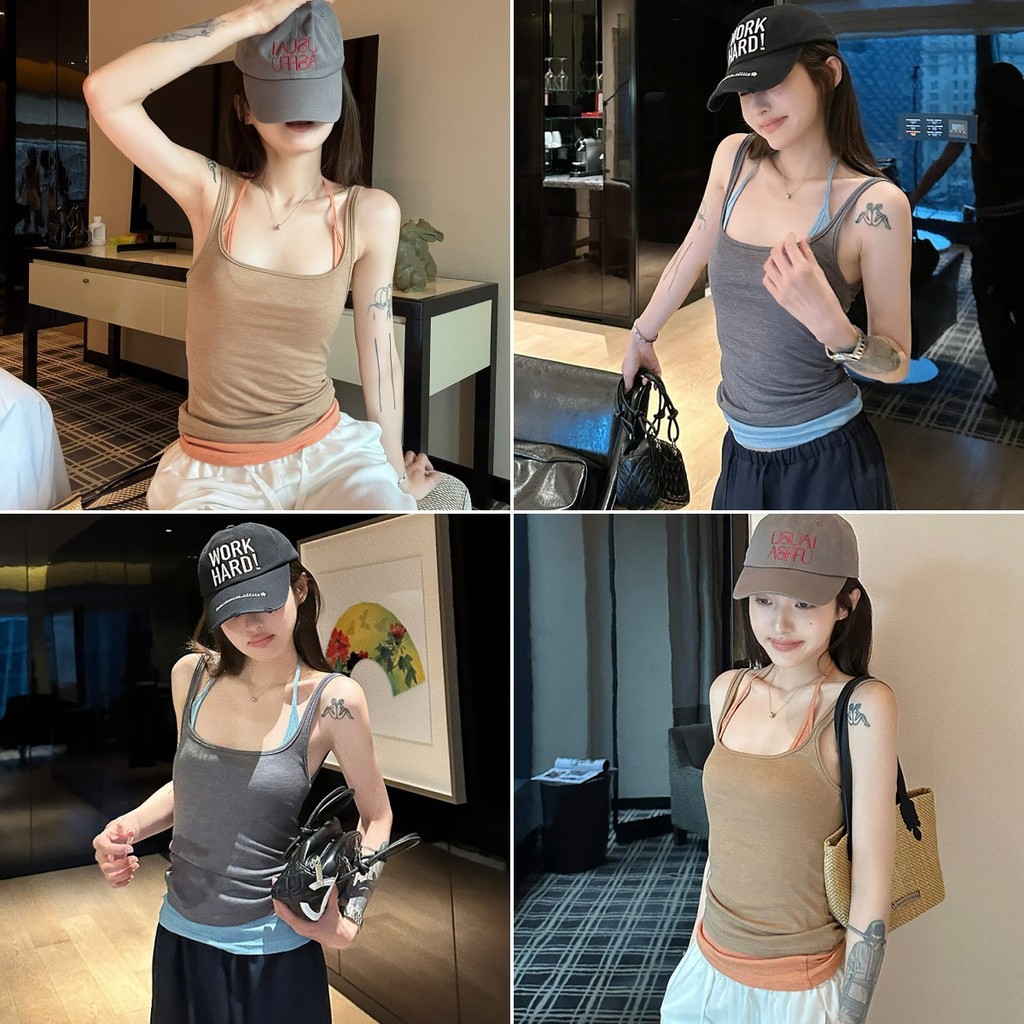 Bella Shop เสื้อกล้ามผู้หญิง เสื้อครอปy2k เข้ารูปดูหุ่นดี ดีไซน์ซ้อนชั้น สไตล์แฟชั่นฤดูร้อน แต่งตัวง่ายS‑2XL