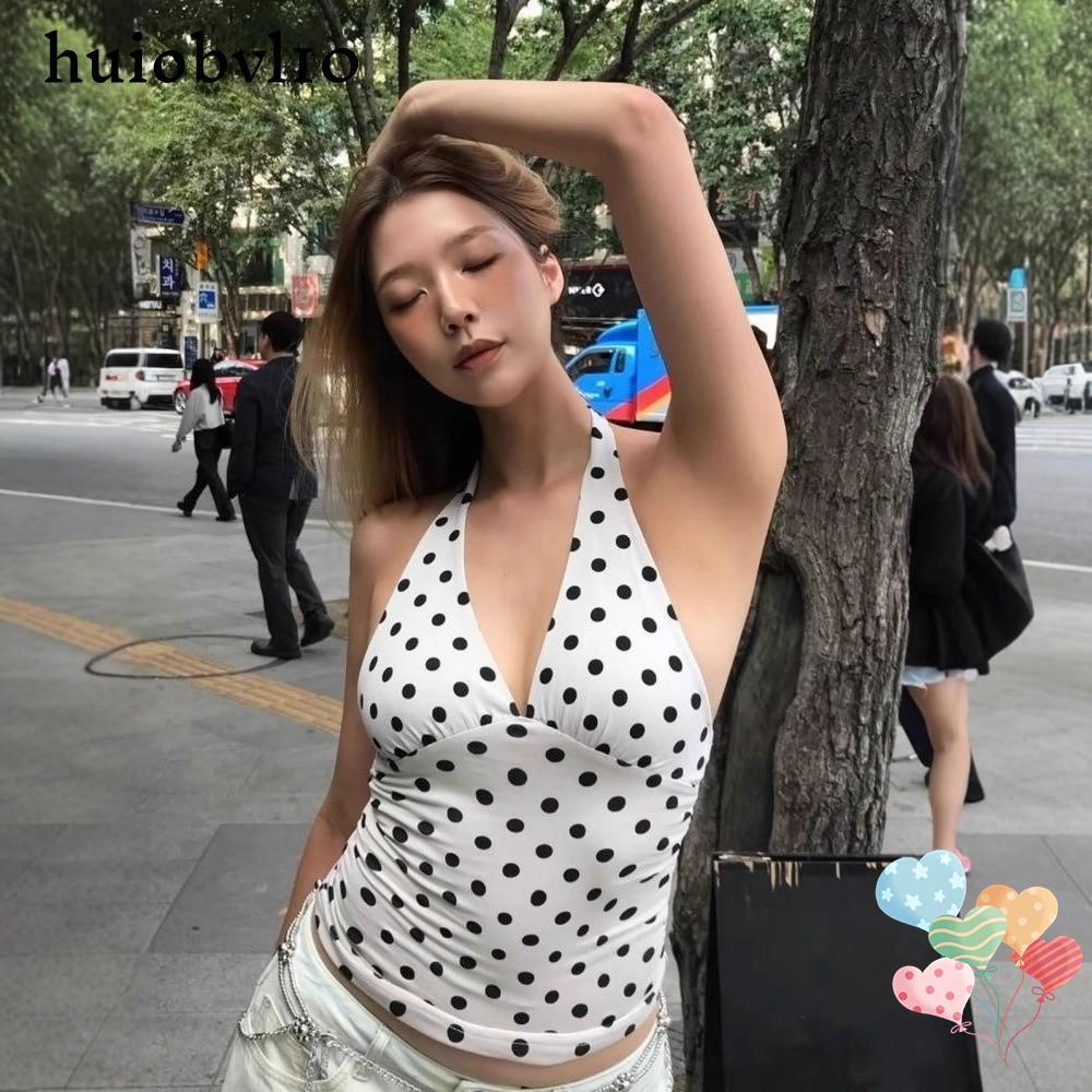 HUIOBVLTH เสื้อกล้ามผู้หญิง,Y2k Halter Top, Crop Top Ruched Open Back Polka Dots Going Out Tank Tops