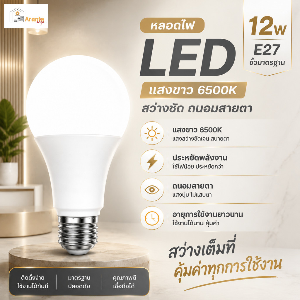 หลอดไฟ LED 12W E27 แสงขาว 6500K สว่างคมชัด ประหยัดพลังงาน อายุยาว 30,000 ชม. บ้าน ร้านค้า สำนักงาน