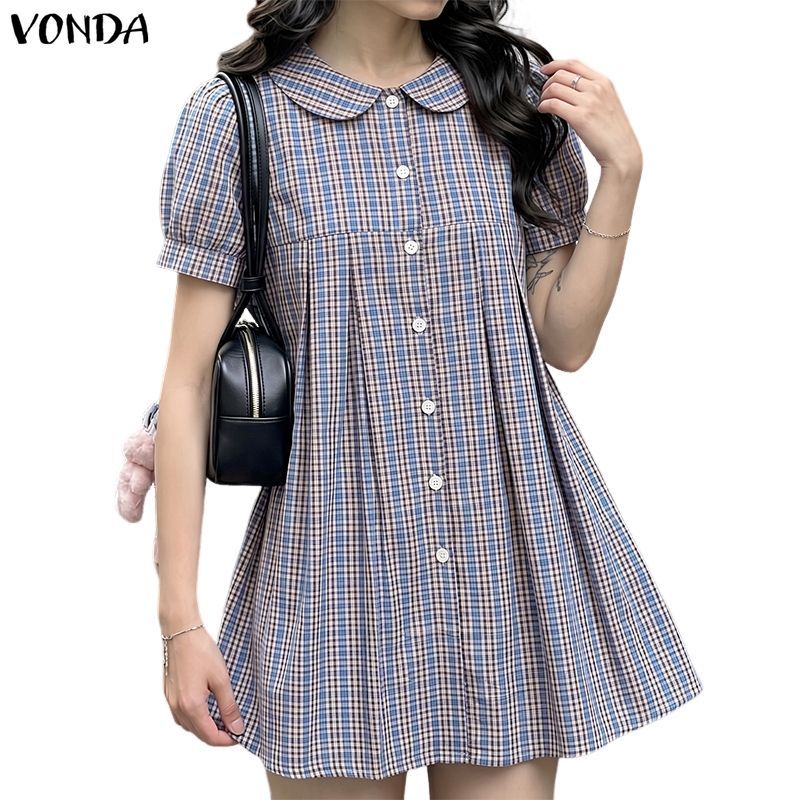 VONDA ผู้หญิง Girly สไตล์วิทยาลัยหวานลายสก๊อตสี Peter Pan Collar พัฟแขนสั้นปุ่มจีบเอวสูงหลวมชุดทอเส้น