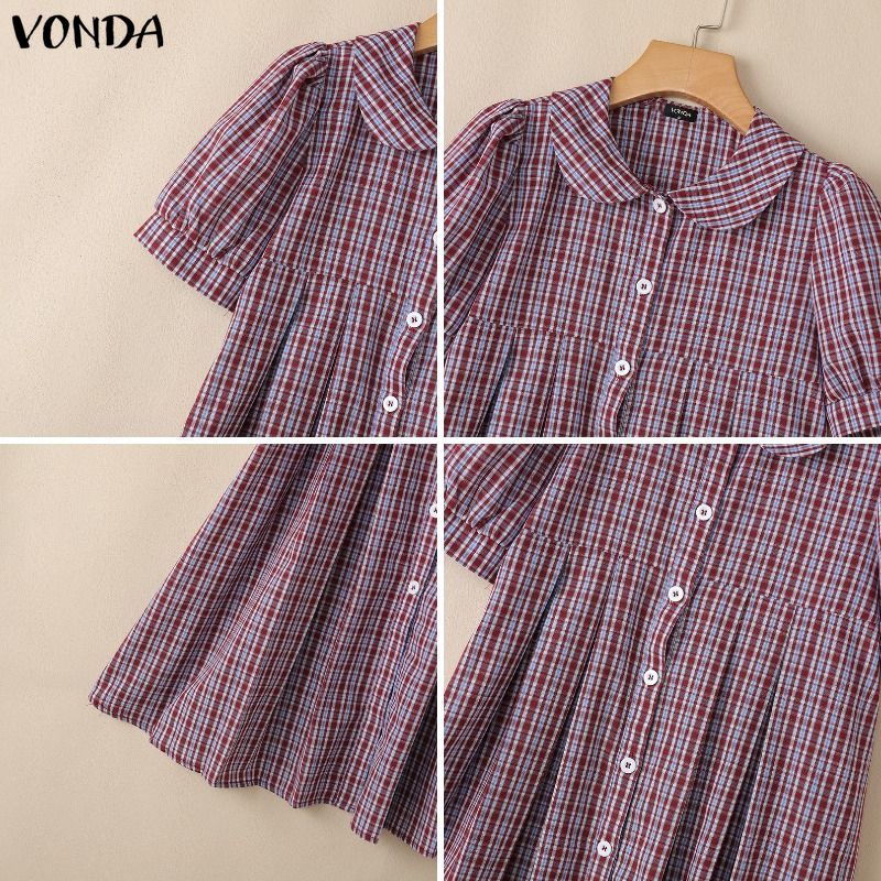 VONDA ผู้หญิง Girly สไตล์วิทยาลัยหวานลายสก๊อตสี Peter Pan Collar พัฟแขนสั้นปุ่มจีบเอวสูงหลวมชุดทอเส้น — صورة 8