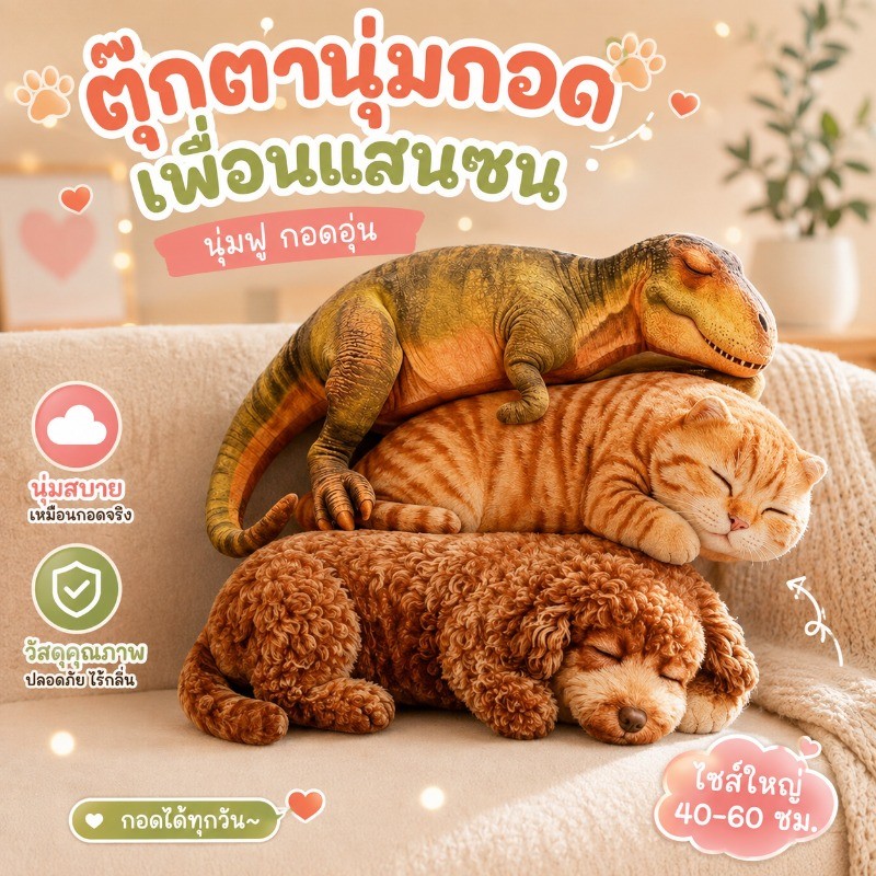 ตุ๊กตาหมอนกอดสัตว์จำลอง ขนนุ่ม 60ซม ไส้ใยพีพี ลายแมวส้ม สุนัขพุดเดิ้ล ไดโนเสาร์ ขนาด