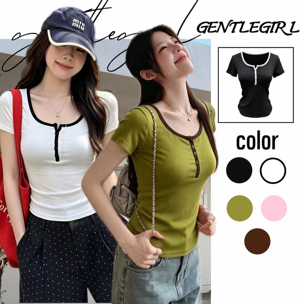 #GG เสื้อยืดฤดูร้อนทรงเข้ารูปบางเบา สวมใส่สบาย ให้ลุคเซ็กซี่ใสๆ และมีคอเสื้อแบบเปิดครึ่งเดียว