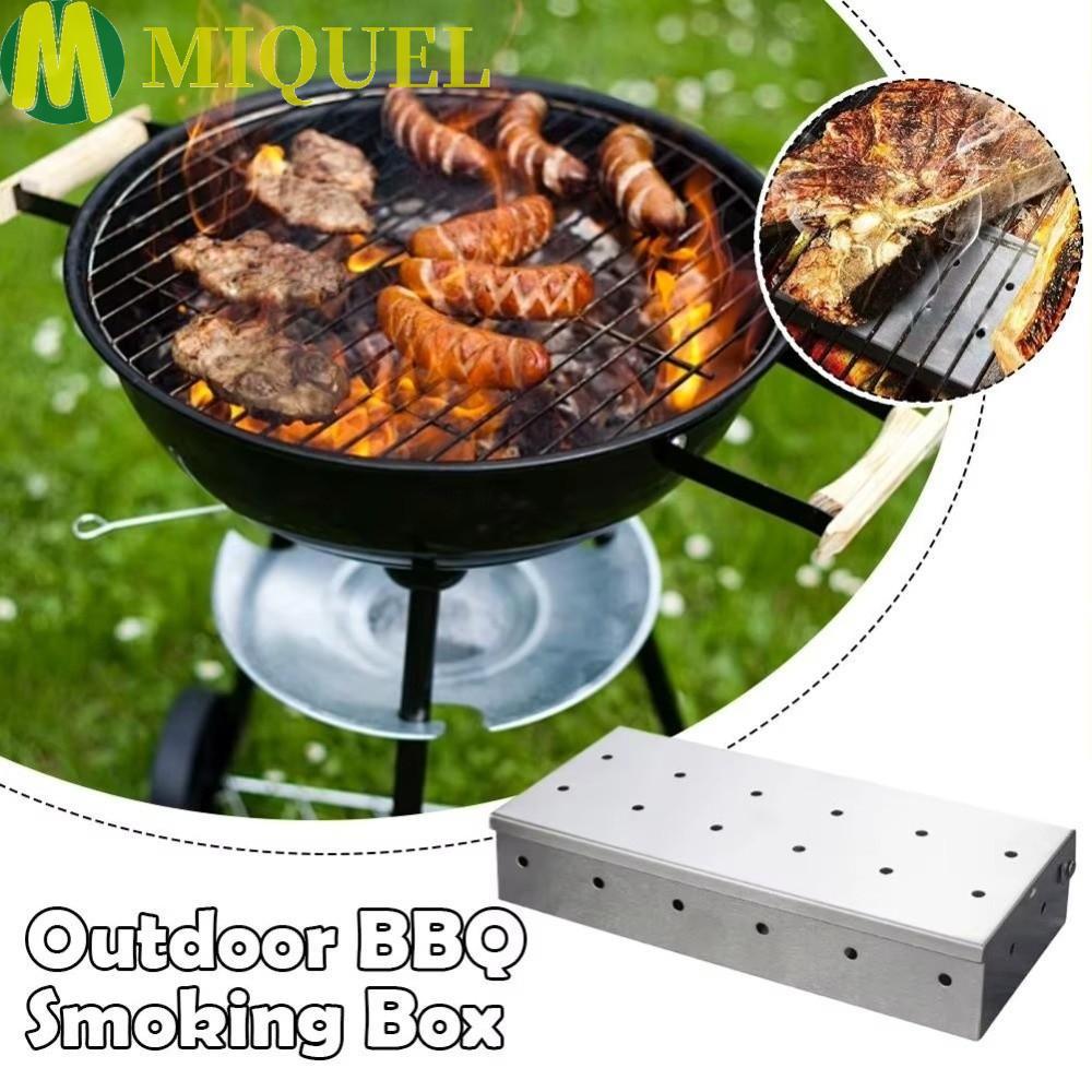 MIQUELZA ไม้ชิปกล่อง, Vent Wont Warp BBQ Smoker กล่อง, BBQ Gadgets หนาสแตนเลสเนื้อ Smoker กล่องทําอา
