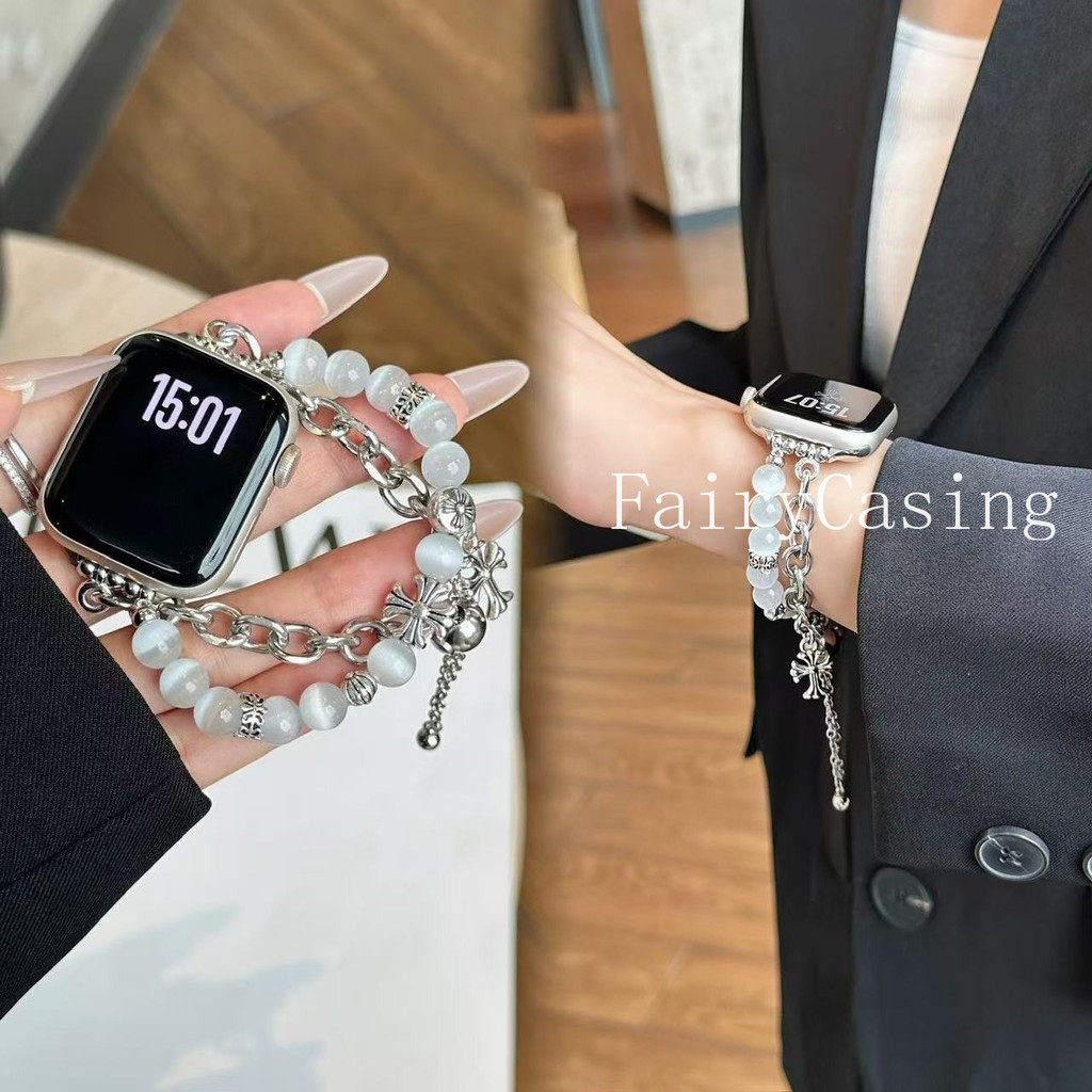 Cross Cats Eye Stone Beaded Strap สําหรับ Apple Watch S11 10 38 40 41 42 44 45 46 49 มม.สร้อยข้อมือส