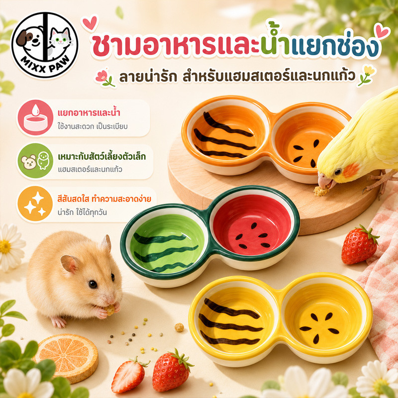 ถ้วยอาหารแฮมเตอร์ ชามแฮมสเตอร์เซรามิก 2 ช่อง  ลายผลไม้น่ารัก ใช้ใส่อาหารและน้ำได้ ป้องกันการพลิคว่ำ