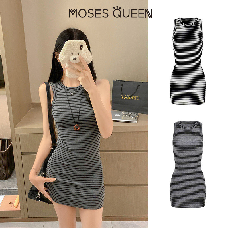 MOSESQUEEN กระโปรงสั้นเสื้อคล้องคอเว้าหลังลายทางเอวสูงกระชับสัดส่วน ใหม่ ชุดเดรสแขนกุดสไตล์สาวฮอตสไตล์เกาหลี อินสตาแกรม-วอร์ตี้ #63869-1