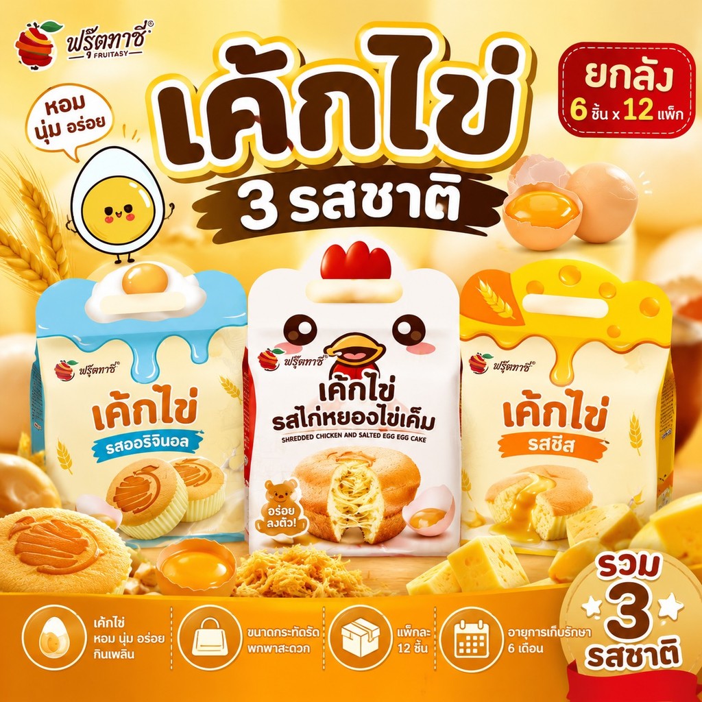 (ยกลัง) Fruitasy เค้กไข่ 3 รสชาติ 6 ชิ้น/แพ็ก × 12 แพ็ก | เค้กไข่ดั้งเดิม ไก่หยองไข่เค็ม ชีส
