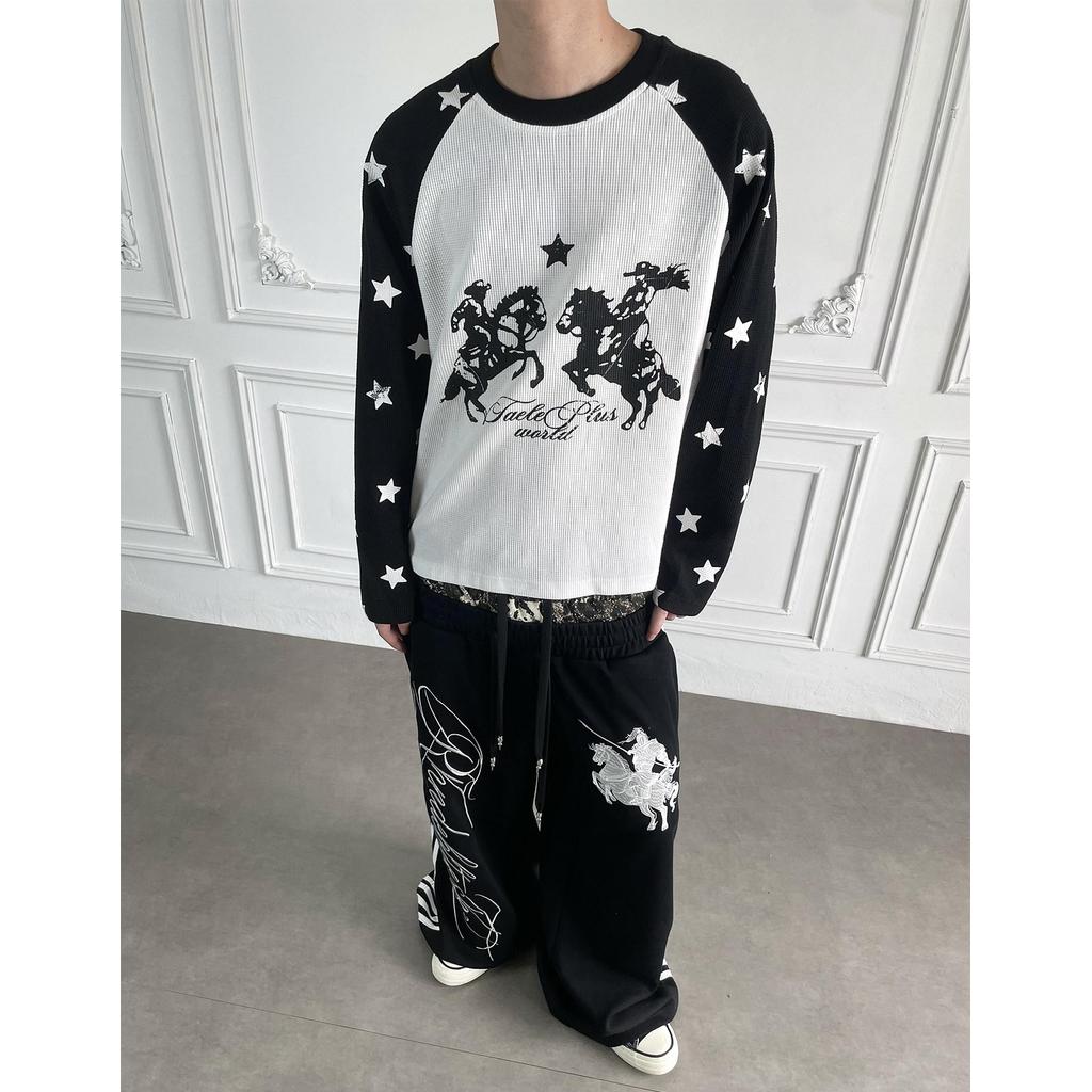 SUIKONE ซุยโคเนะ เสื้อยืดผู้ชายแขนยาวแบรนด์แฟชั่นอเมริกัน วาฟเฟิลสีตัดกันสไตล์เป็นกลาง — صورة 2