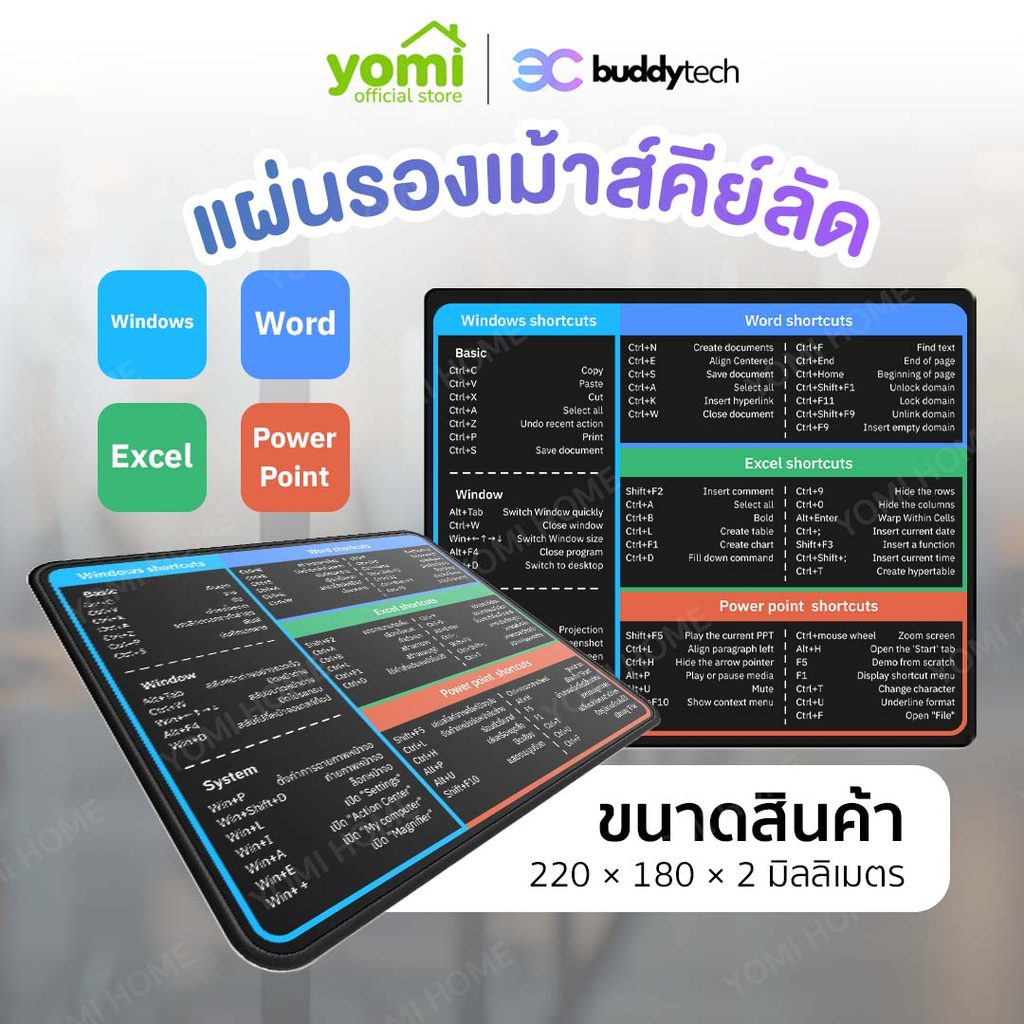 Buddytech แผ่นรองเมาส์ Mouse pad แผ่นรองเม้าส์คีย์ลัด มีแผ่นยางกันลื่น
