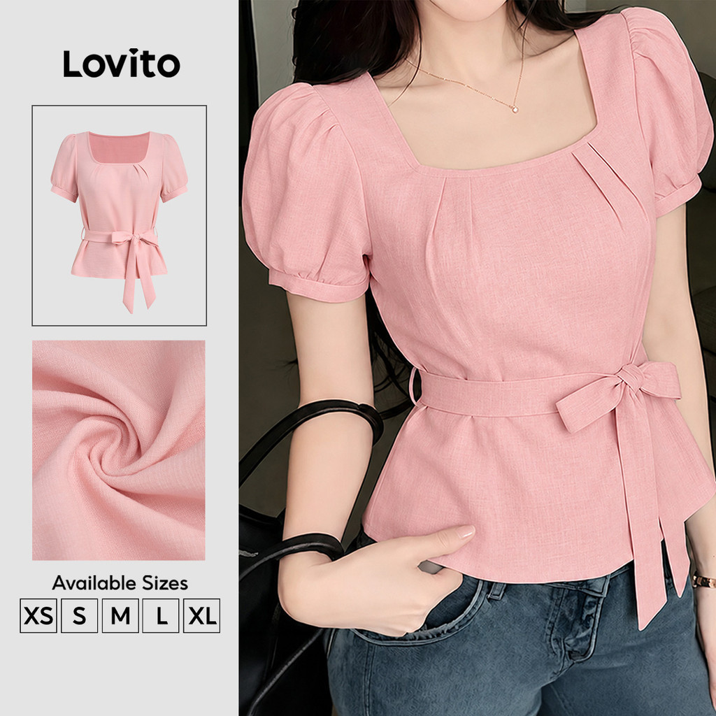 (New Arrival) Lovito เสื้อเบลาส์สีชมพูสําหรับผู้หญิงพร้อมเข็มขัด เหมาะสําหรับฤดูใบไม้ผลิและฤดูร้อน B