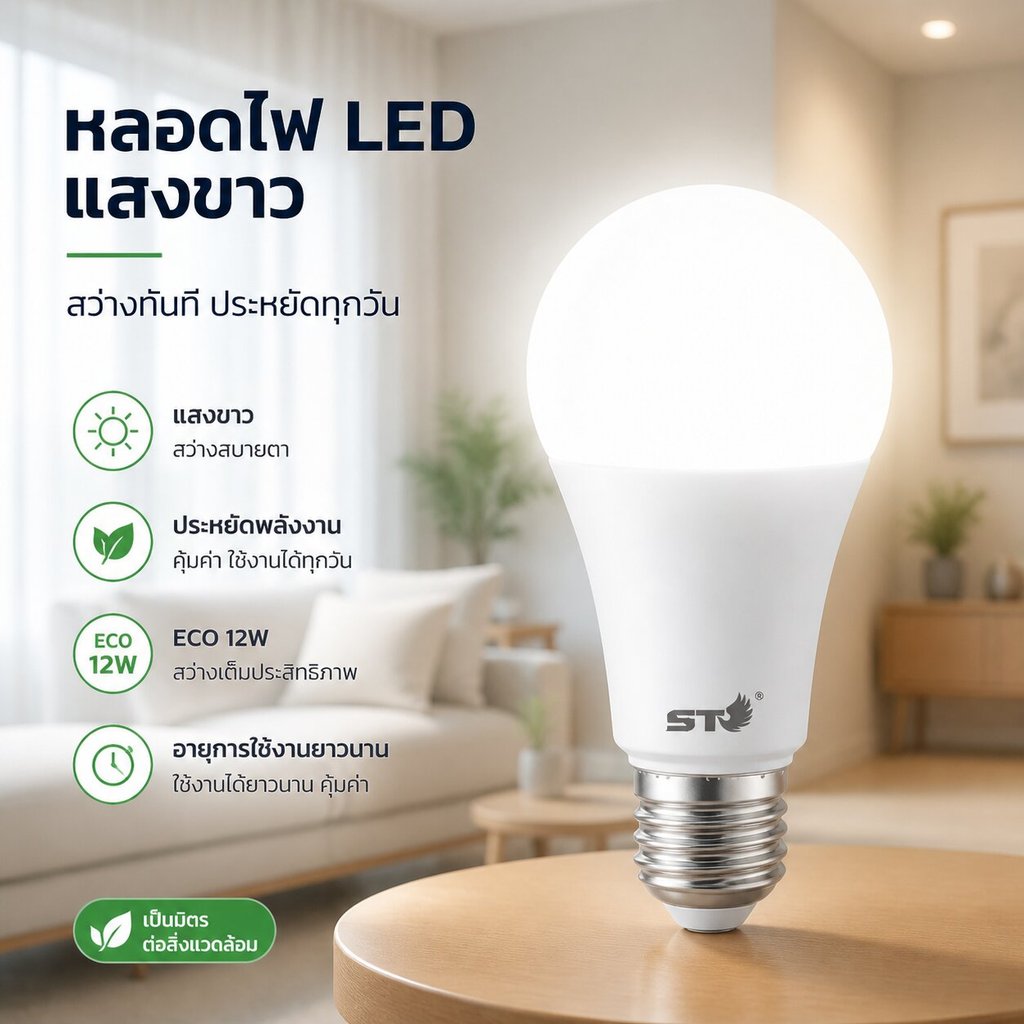ST หลอดไฟLED ขั้วE27 6500K แสงขาว ไม่กระพริบ ECO ประหยัดไฟ ทนทาน