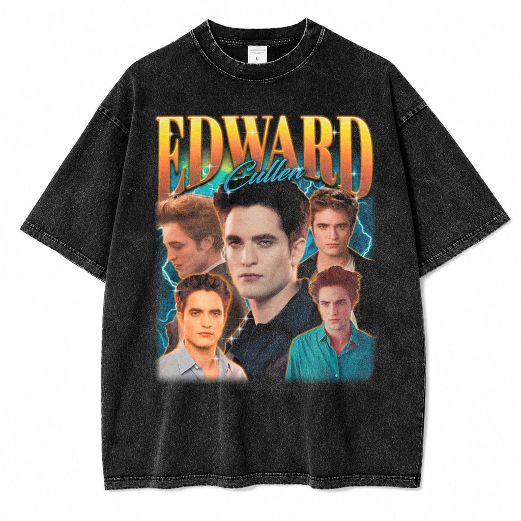 หินขนาดใหญ่สีดําล้าง Edward Cullen Vintage Streetwear Distro Unisex ผู้ชายผู้หญิงเสื้อยืด