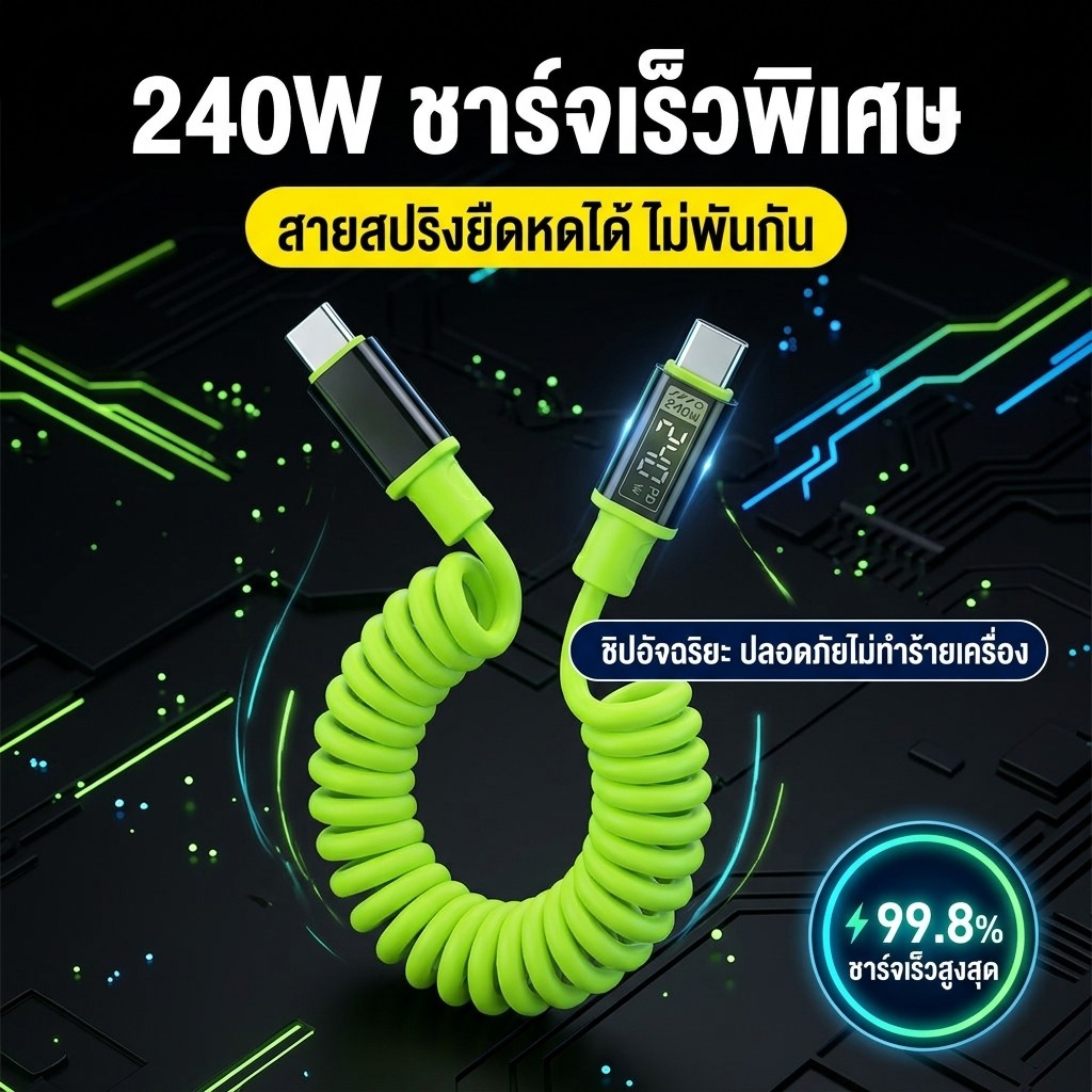 สายชาร์จแบต 240W พอร์ต Type-C สปริงยืดหด หุ้มซิลิโคน ไม่เกะกะ ใช้บนรถ ใช้สำหรับ IP Huawei Samsung Xiaomi OPPO vivo 1/2m