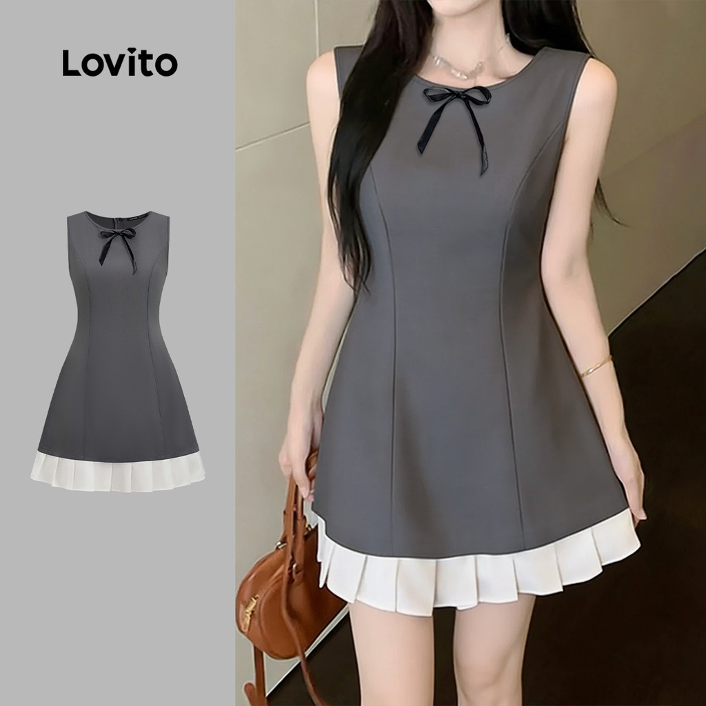 Lovito เดรสสีเทาแบบสบาย ๆ โบว์ตัดสีสําหรับฤดูใบไม้ผลิ/ฤดูร้อนของผู้หญิง L183ED176