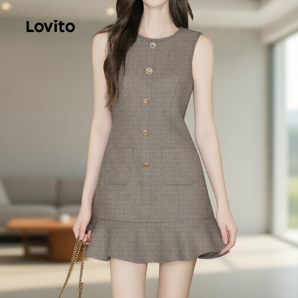 (แคชชวล) Lovito เดรสผู้หญิงทรง แต่งระบายกระเป๋า ชายกระโปรง กระดุม สีคากิ เกาหลี อินเทรนด์ L171AD076