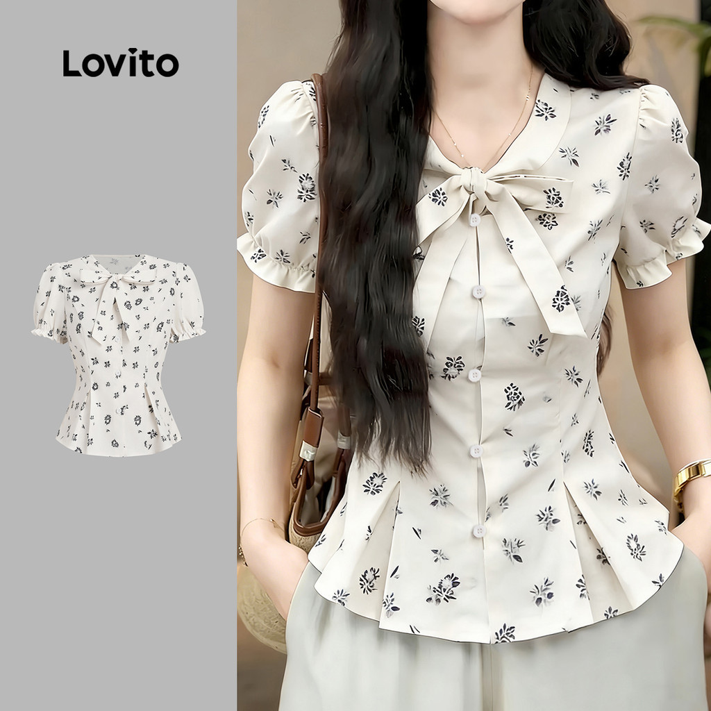 (New Arrival) Lovito เสื้อเบลาส์ลําลองแบบผูกด้านหน้าจีบสําหรับฤดูใบไม้ผลิและฤดูร้อนของผู้หญิง เกาหลี อินเทรนด์ L197AD008