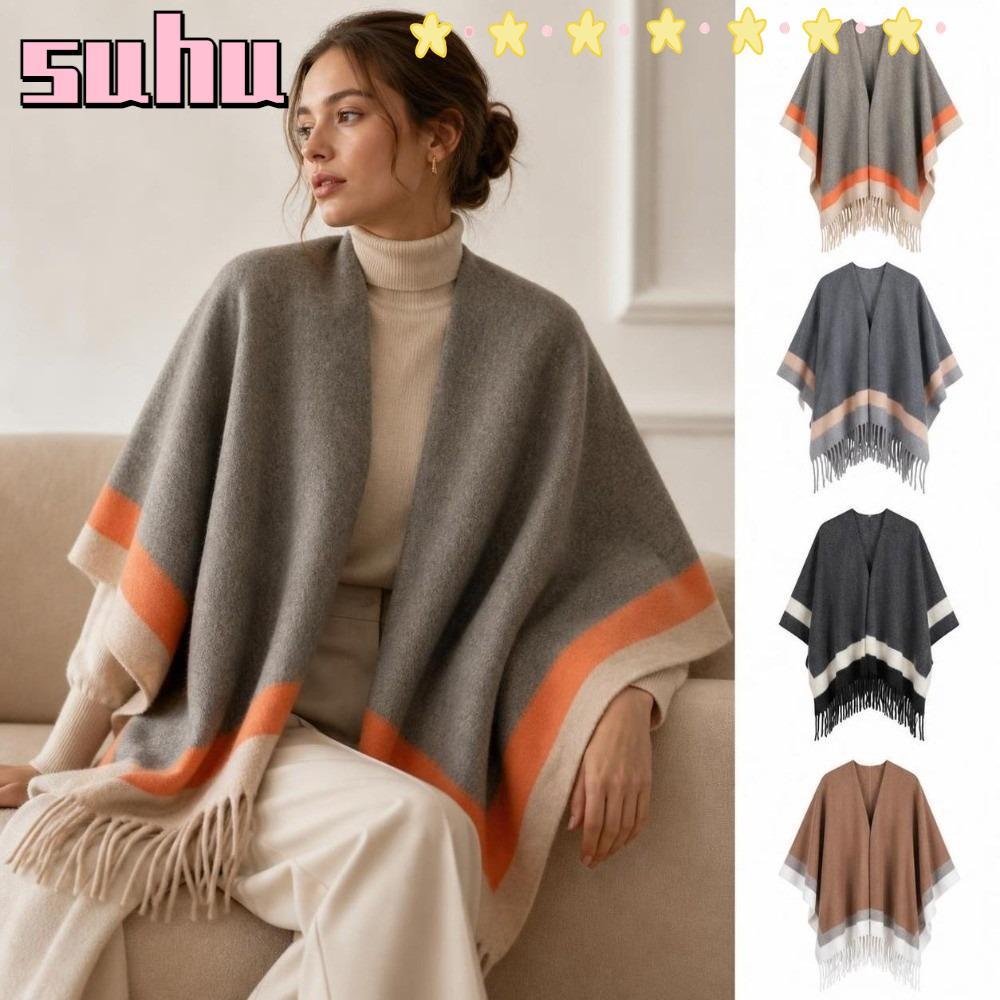 SUHUHD ลายขอบ Poncho, ขนาดใหญ่นุ่มเปิดด้านหน้า Cape Shawl, Elegant Fringed Edge สบาย Warm พู่ Poncho