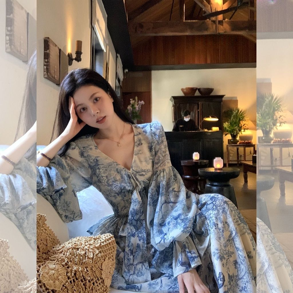 ฝรั่งเศสดอกไม้ที่สวยงามชีฟองแขนยาวชุดหญิงริมทะเลวันหยุดระดับไฮเอนด์รู้สึกดีงามกระโปรงยาวเอวแคบ8.24