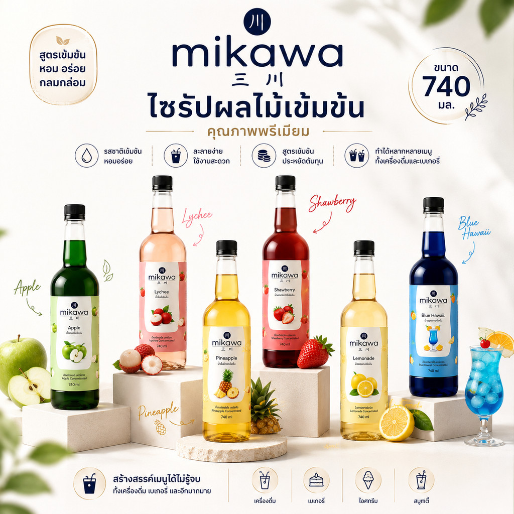 ไซรัปมิคาวะ ขนาด 740 มล น้ำลิ้นจี่ น้ำมะพร้าว น้ำบลูฮาวาย MIKAWA สควอช ไซรัปเข้มข้น