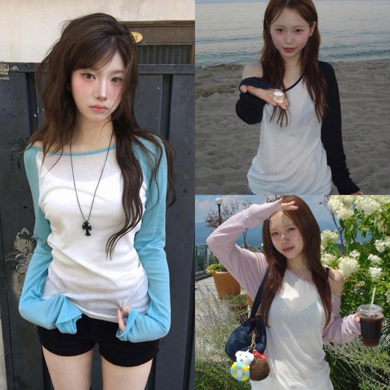 BY0703 ผ้าเนื้อบางใส่สบาย เสื้อแขนยาวทูโทนคอกว้าง benly co