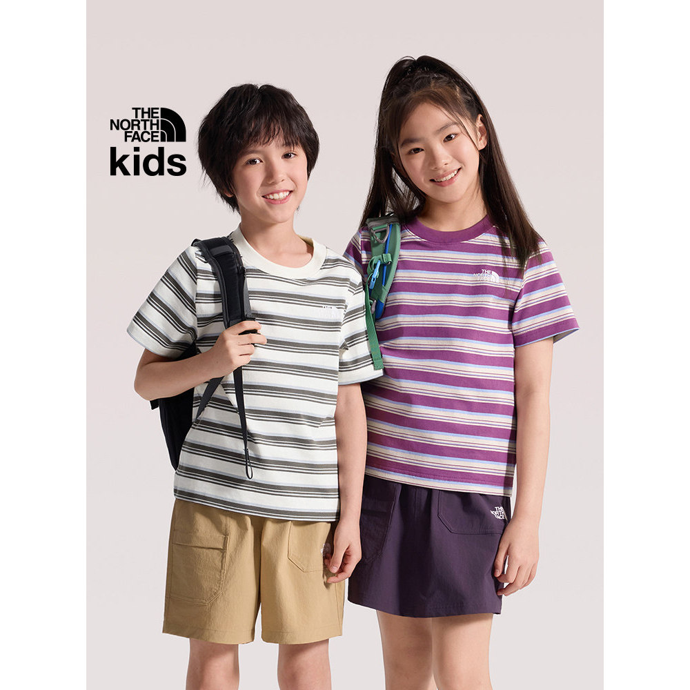 North Face เสื้อยืดแขนสั้นเด็กชายหญิง Retro Stripes กลางแจ้ง Breathable สไตล์ใหม่ TheNorthFace|8G81