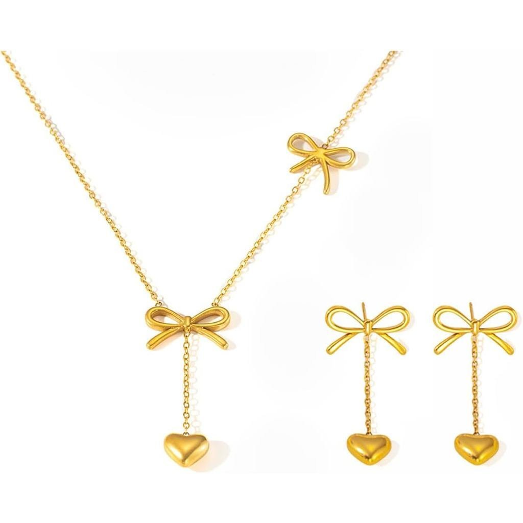 แฟชั่น Bow Y สร้อยคอ Heart Drop Dangle ต่างหูชุดเครื่องประดับสําหรับผู้หญิง Gold-Toned ไทเทเนียมเหล็