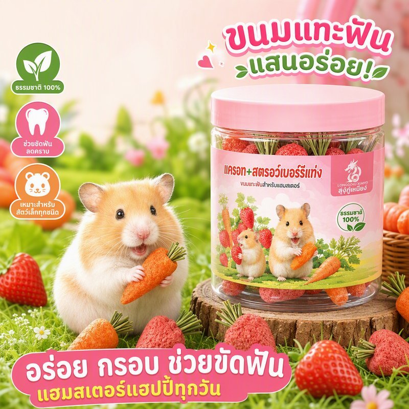 ขนมเคี้ยว หนูแฮมสเตอร์ แท่งขัดฟัน แครอท สตรอเบอร์รี่ หญ้าธรรมชาติ กระต่าย หนูโกลเด้น