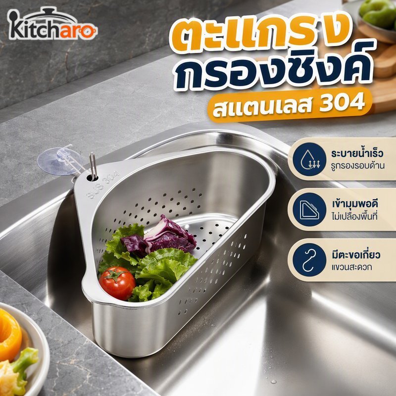 ตะกร้ากรองอ่างล้างจาน 304 สแตนเลสสามเหลี่ยมมุมชั้นวางท่อระบายน้ําท่อระบายน้ําอย่างรวดเร็วตะขอที่ถอดออกได้