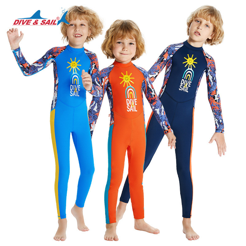 DIVE & SAIL ชุดดําน้ําเด็กชุดว่ายน้ํากันแดดแขนยาวชิ้นเดียวกลางแจ้ง Quick-Drying Surfing ดําน้ําดูปะก