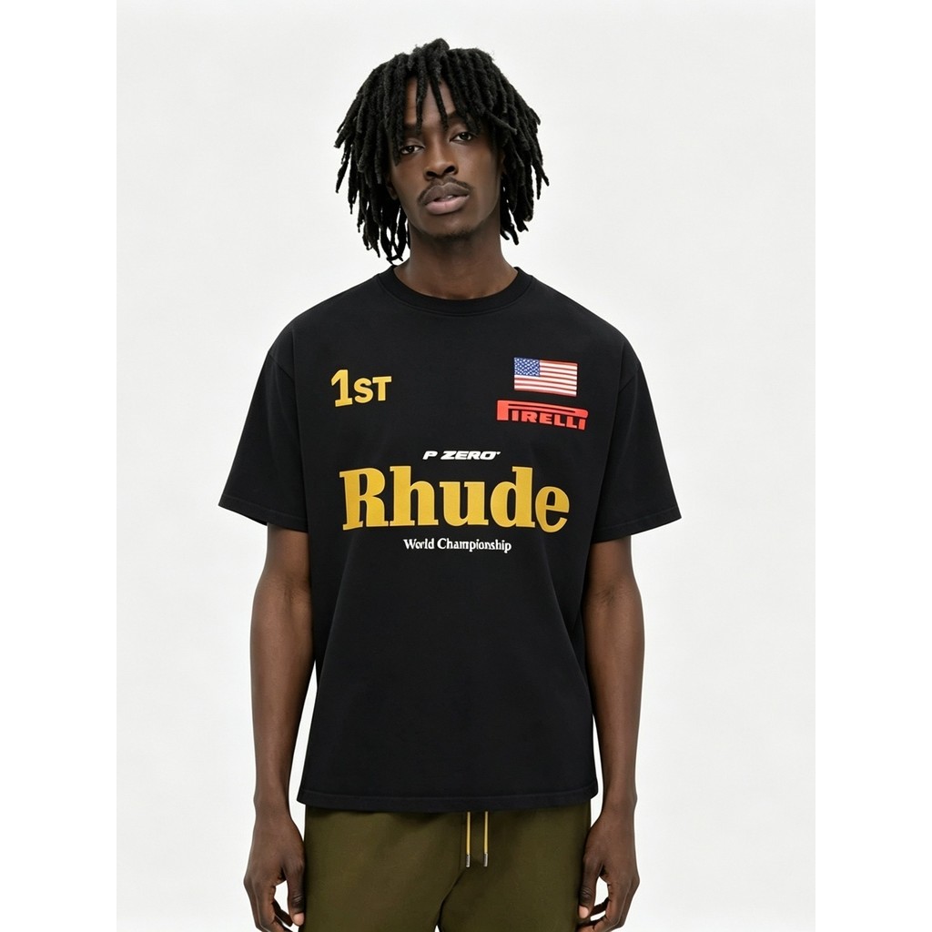 RHUDE x RHUDE Co-Branded SS26 โลโก้ตัวอักษร Retro Ribbed รอบคอแขนสั้นเสื้อยืดผู้ชายผู้หญิงอินเทรนด์