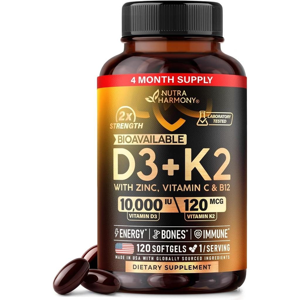 วิตามิน D3 K2 - D3 10000iu & K2 120mcg - Biomailable สูง - 120Softgels | Vitamin D3K2 + Zinc, Vitami