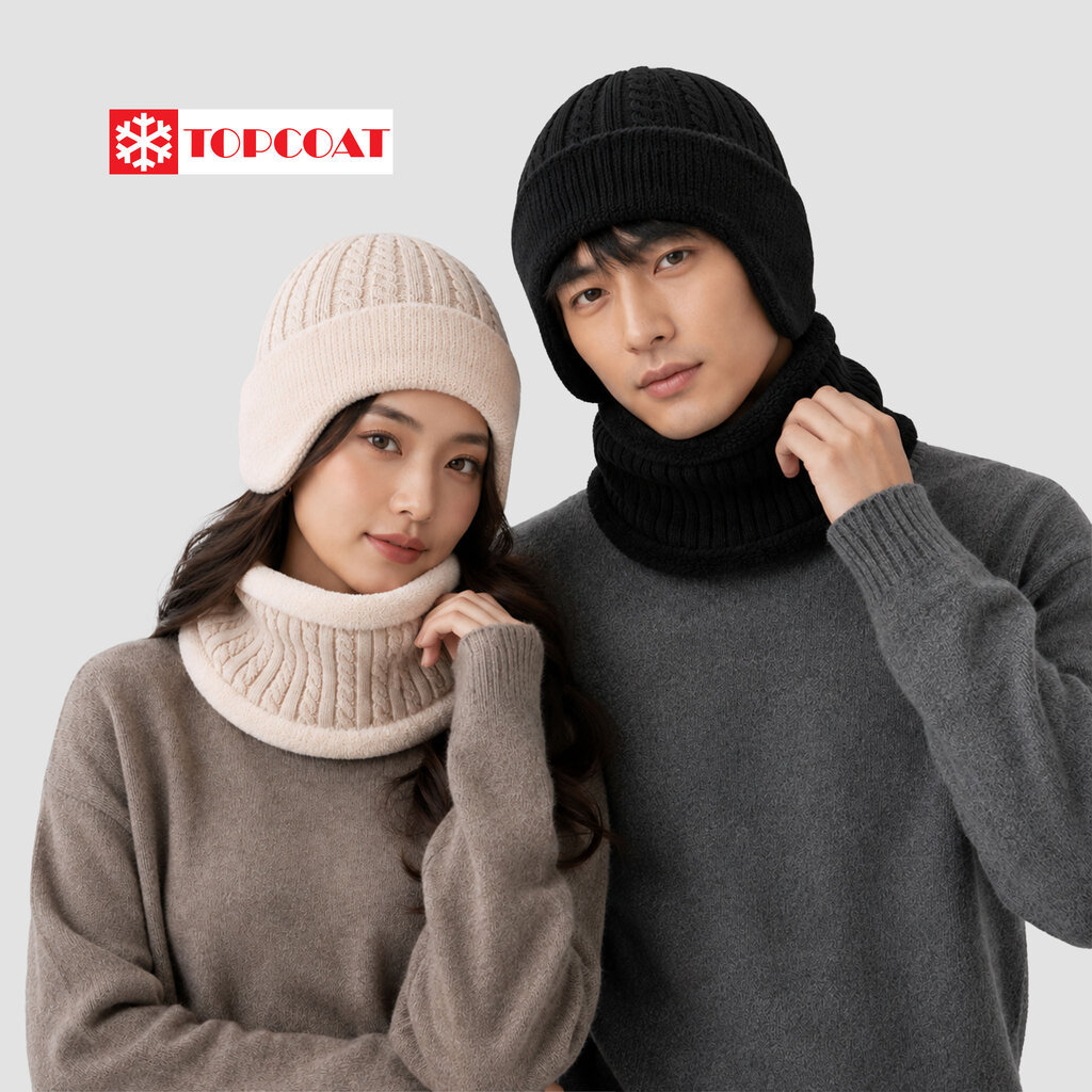 TOPCOAT หมวกกันหนาวปิดหูพร้อมผ้าพันคอแบบสวม ยืดหยุ่นได้ดี ด้านในเป็นบุขน (1 เซ็ต) Freesize