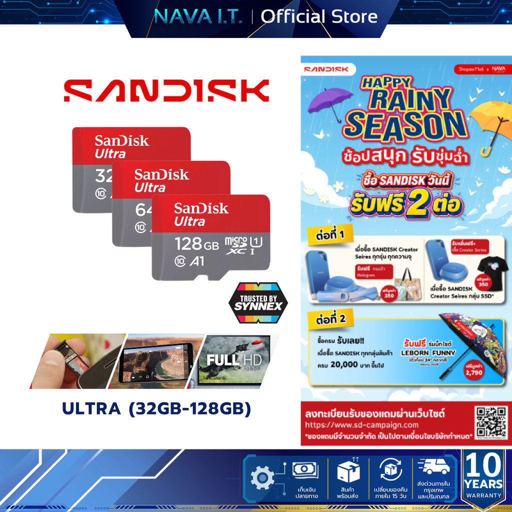 SANDISK MICRO SD (ไมโครเอสดีการ์ด) ULTRA 32GB-128GB UHS-I READ 140 MB/s WARRANTY 10 YEARS