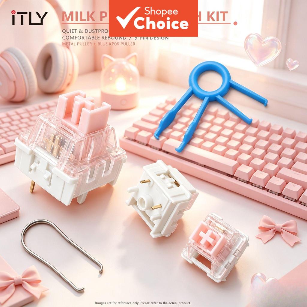สวิตช์คีย์บอร์ดแบบแมคคานิคอลเชิงเส้น ITLY Milk Peach 5 พิน ถอดสวิตช์ได้ กันฝุ่น มาพร้อมคีมดึงสวิตช์โ