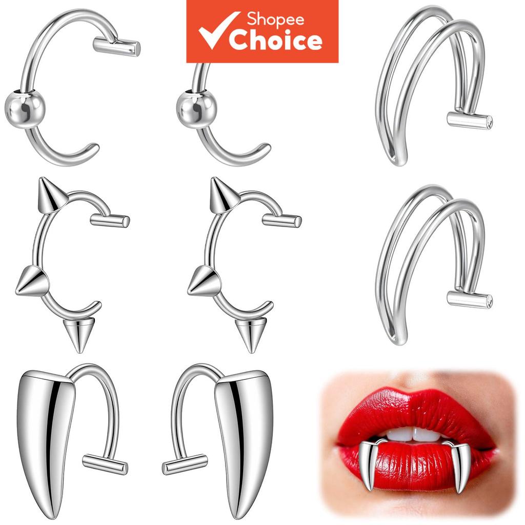 สแตนเลสสตีลปลอม Lip Cuff & Vampire ฟันไม่เจาะสําหรับแหวนชุดสําหรับฮาโลวีน 8 ชิ้น