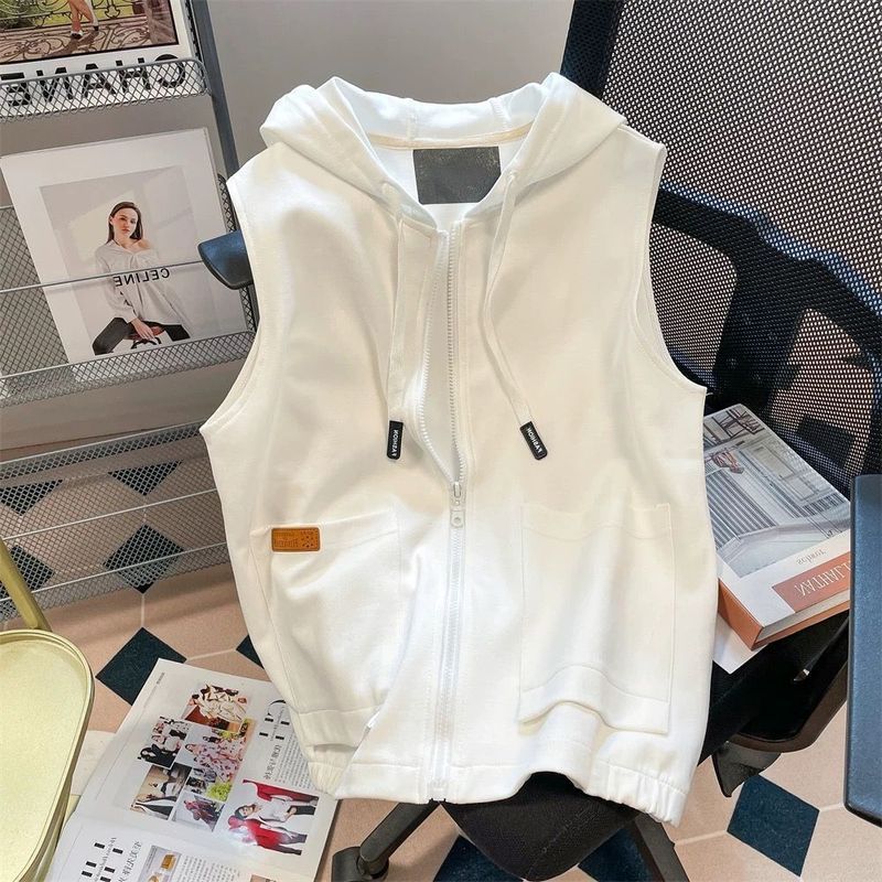 春夏新款马甲男女卫衣连帽开衫外套韩版高级感拉链坎肩小众上衣女9/9 Spring and summer new style vest, unisex hoodie, hooded cardigan j