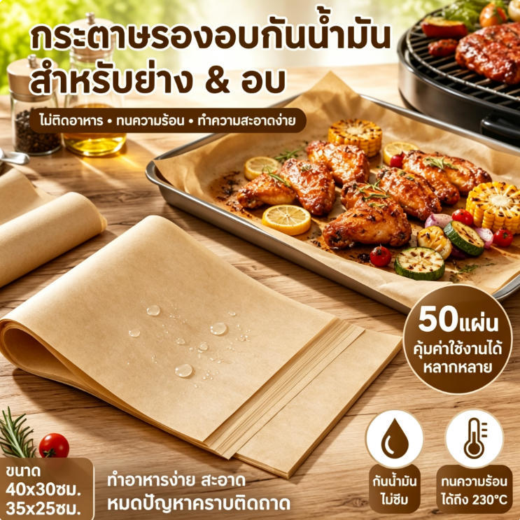 กระดาษรองอาหารอบขนม กระดาษไข ขนาด 50 หรือ 100 แผ่น เหมาะทำเบเกอรี่และปิ้งย่าง