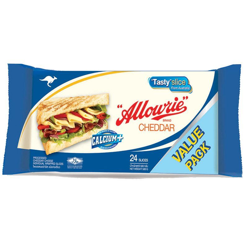 อลาวรี่เชดด้าชีสชนิดห่อเดี่ยว24สไลด์ 500กรัม Allowrie Cheddar Cheese Wrapped 24Slices 500g.