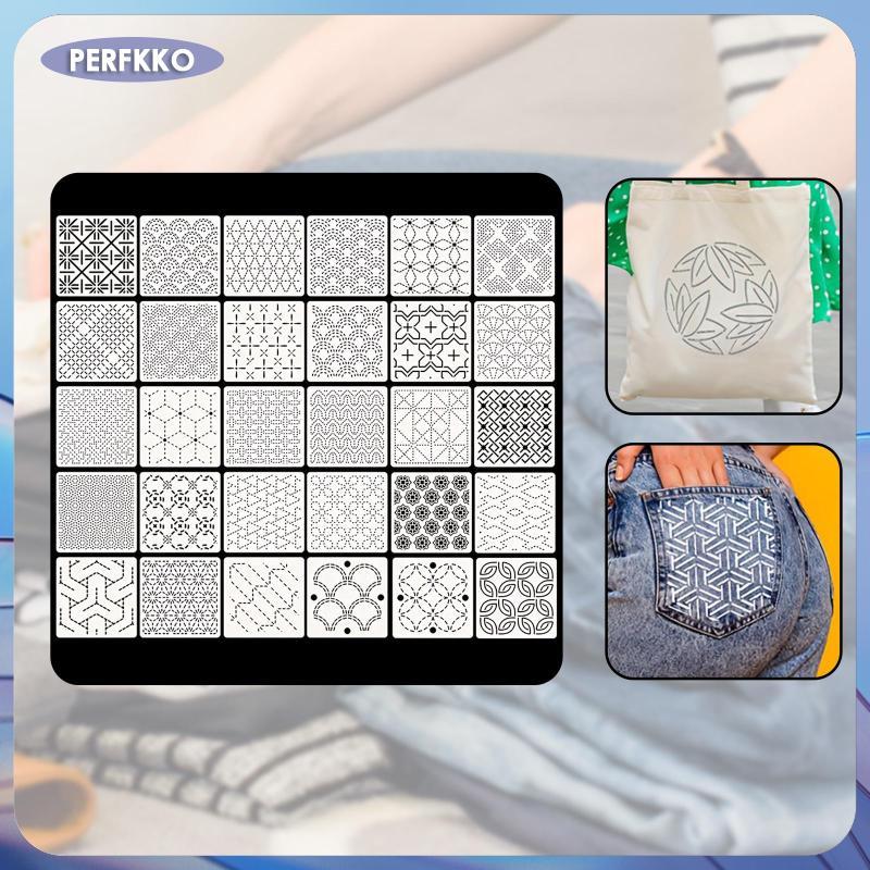 [perfkko] Sashiko Template Kit PET Stencil Geometric เย็บปักถักร้อยรูปแบบวาด Line สําหรับ