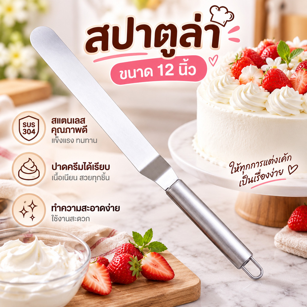 สปาตูล่าสำหรับเกลี่ยครีมและตกแต่งเค้ก ผลิตจากสแตนเลสคุณภาพดี ขนาด 12 นิ้ว