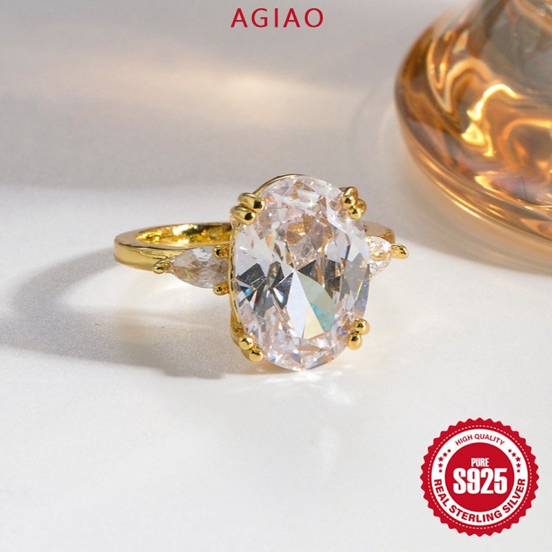 AGIAO แหวนหมั้นผู้หญิง 18K Gold Plated Pigeon Egg Zircon Oval 5A