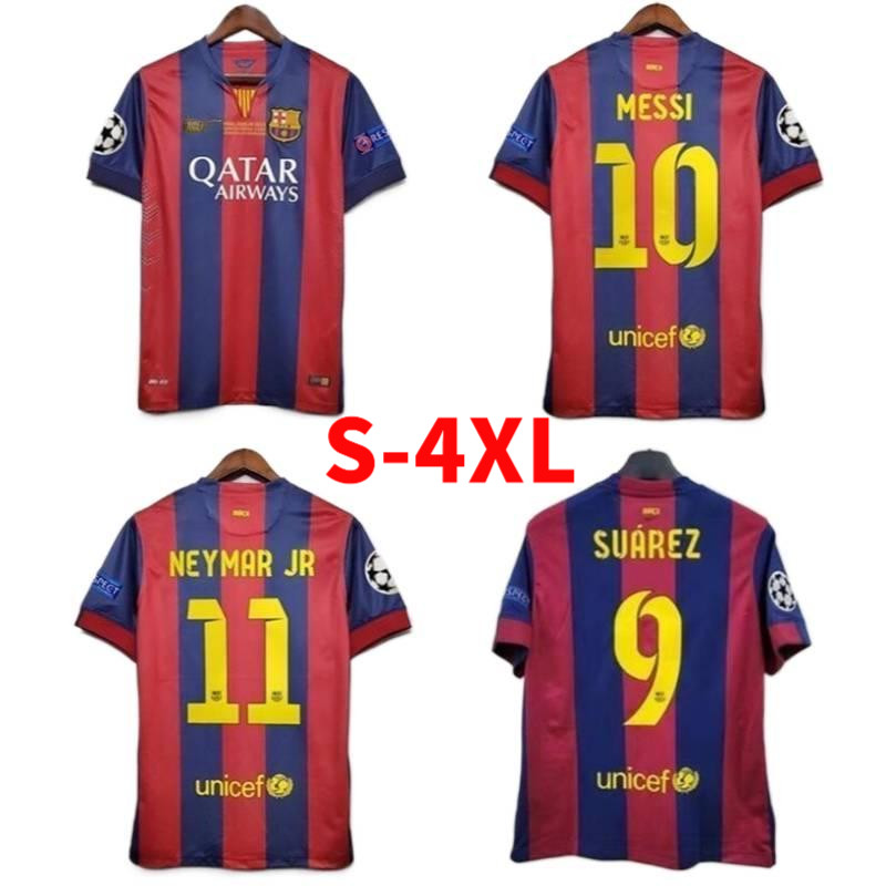 เสื้อยืดบาร์เซโลนา Retro 2014-2015 แขนสั้นแบบทีมเยือน ไซส์ใหญ่ S-4XL พร้อมลายเซ็น Messi และ Neymar J
