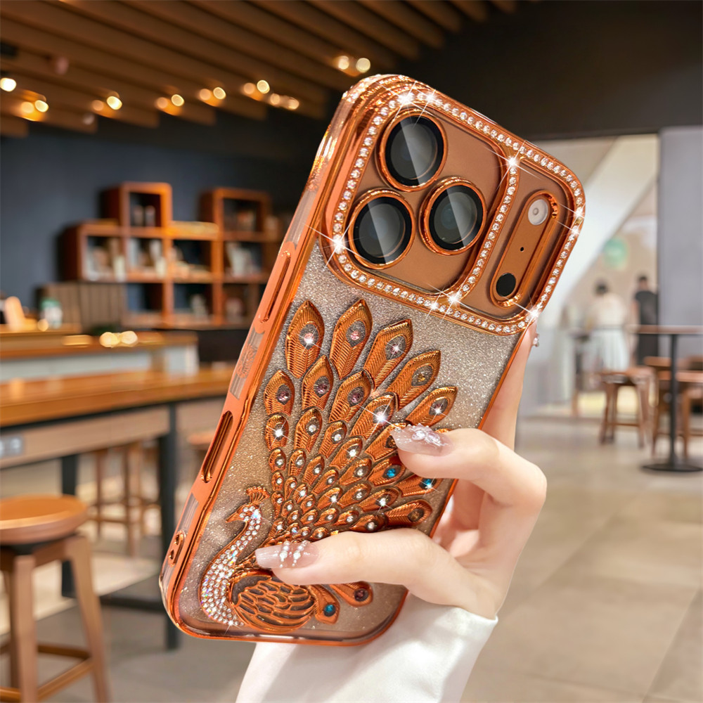 หรูหราแฟลชเพชร 3D นกยูงเคสโทรศัพท์สําหรับ iPhone 17 Pro Max 16 13 14 15 Pro Max Air Anti drop กระจกป้องกันฟิล์ม TPU soft case โทรศัพท์ป้องกัน